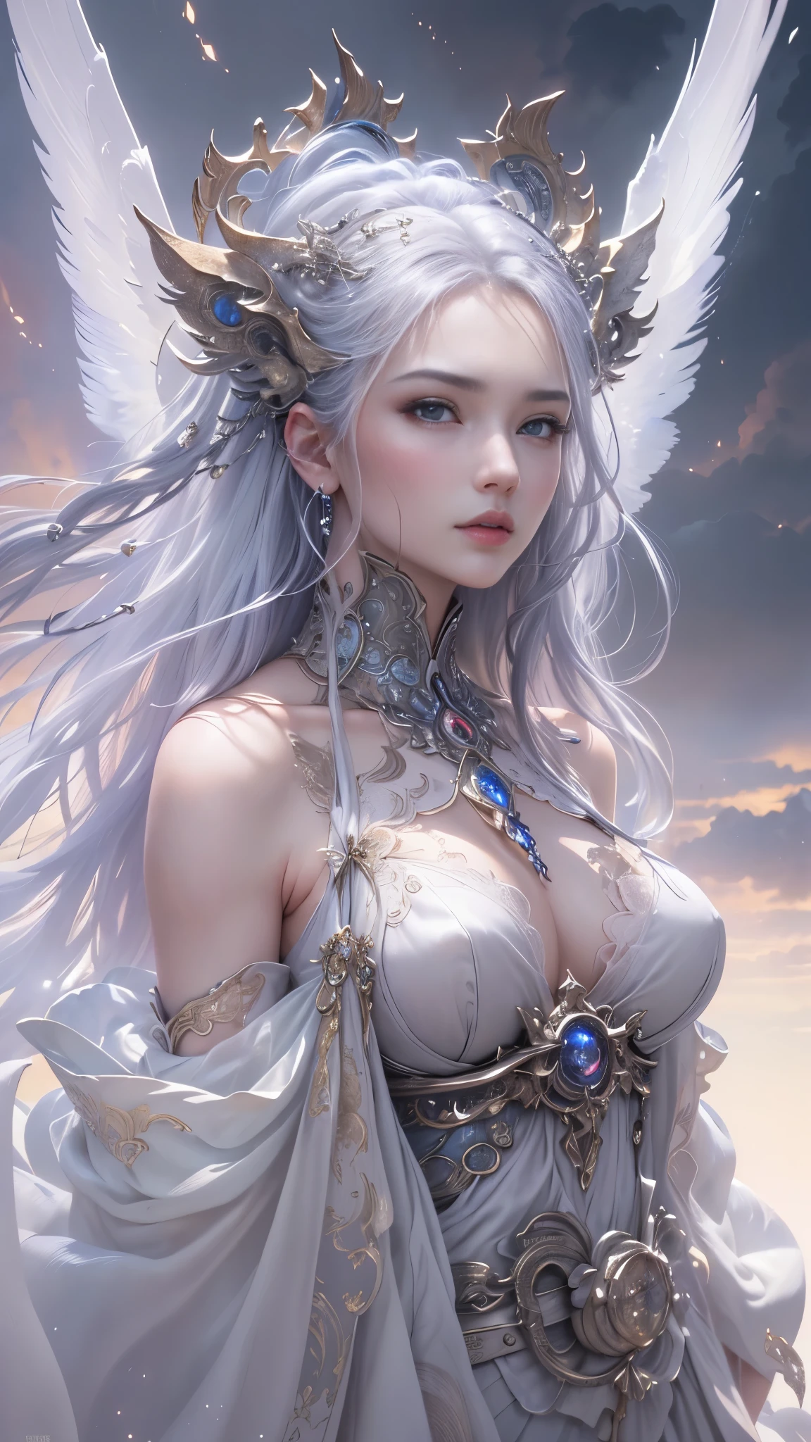 ((top quality))、((masterpiece))、(details)、Enchanting angels、Beautiful angels in the night sky、Fantastic beauty、perching in the clouds、(fantasy Enlightenmentns:1.3)、charming gaze、The pose is very、delicate wings、otherworldly charm、mysterious sky、 (author:Luis Royo(Luis Royo):1.2)、(Amano Yoshitaka:1.1)、Moonlight night、pastel colors、(detailed cloudscape:1.3)、(high resolution:1.2)Complex 3d rendering ultra detailed beautiful porcelain profile female an face、cyborg、part、150mm、Beautiful studio soft lighting、rim light、vivid details、Luxury Cyberpunk、Ren Hao、Surreal anatomy、face muscles、Cable wire、microchip、grace、beautiful background、Big red full moon、octane rendering、HR Gig style、8k、top quality、masterpiece、Enlightenment、extremely delicate and beautiful、very detailed、north african trade zone、Unite、wallpaper、(Endless realism、Realism:1.37)、Gorgeous、detailed meticulous、masterpiece、top quality、official art、Highly detailed ticker Unity 8k wallpapers、absurd、Incredibly ridiculous、、Silver beads、Whole BodyEsbian、sit、The skin is very white, Transparent and beautiful、