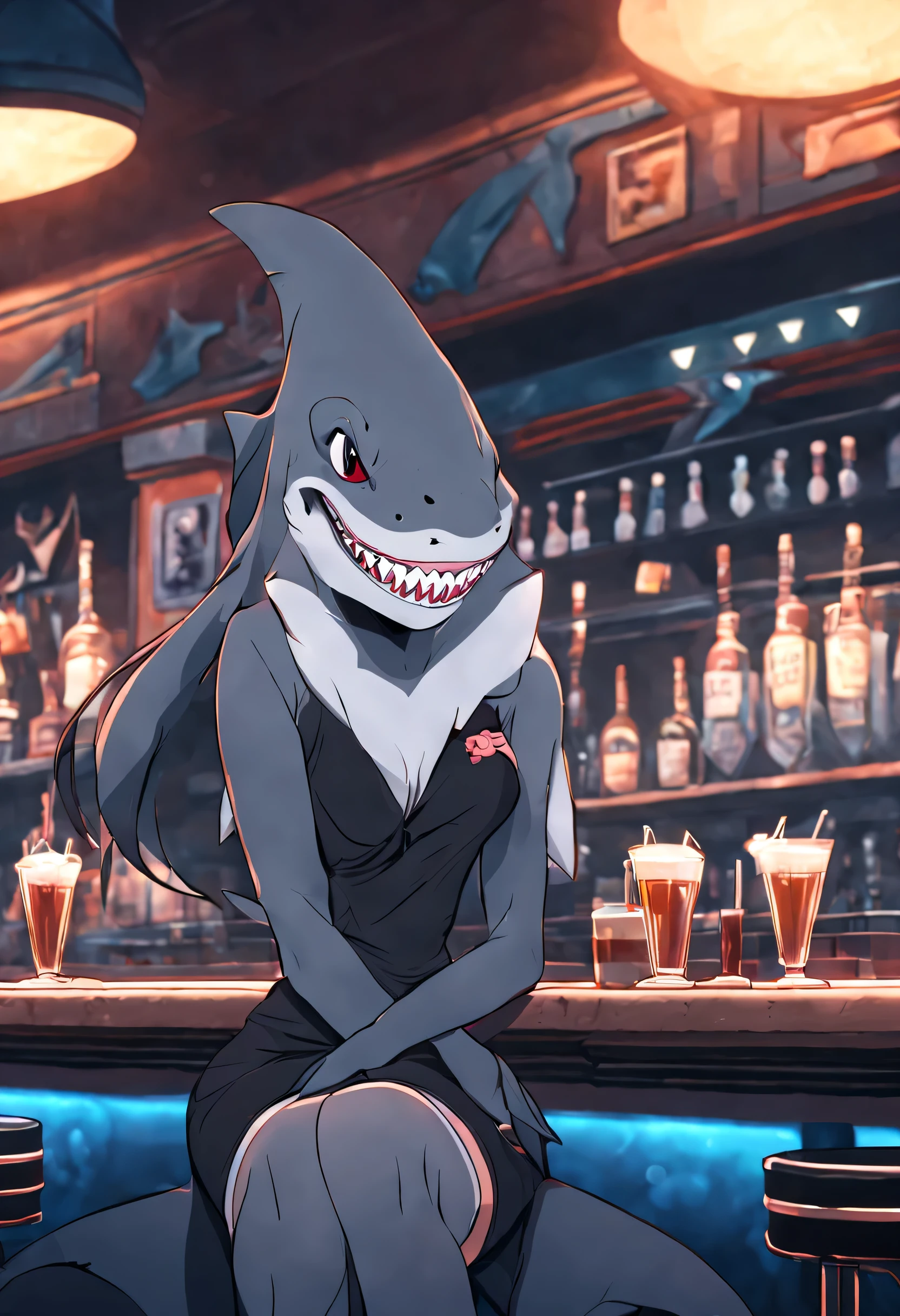 a picture of an (anthropomorphic shark: 1.4) female anthropomorphic shark, sitting in a bar, wearing black mini dress, grey shark skin, 16k, RAW, [best detailed], masterpiece, best quality, High Detail, Ultra High Quality, High Resolution, 16K Resolution, Ultra HD Pictures, Realistic, Clear Details, Realistic Detail, Ultra High Definition