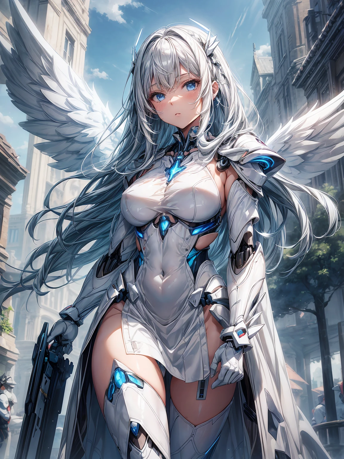 (delicate manga style:1.1), cool beauty, (one woman:1.0), (20-year-old:1.0), (small breasts:1.2), outdoor, Day, sunny, fly outdoor、over european cities,
(wide shot:1.0), (written boundary depth:1.1), (from the side: 0.7), (From above:1.0),
Blake
(anime face:1.0), (clear blue eyes:1.0), (Cybernetic Genoid:1.1), (highly detailed mecha suit:1.3), (white gothic cuirass:1.2), (silver short hair:1.0),
(white luxury wizard dress skirt:1.3), (decorative embroidery:1.0),
(angel wings:1.1)