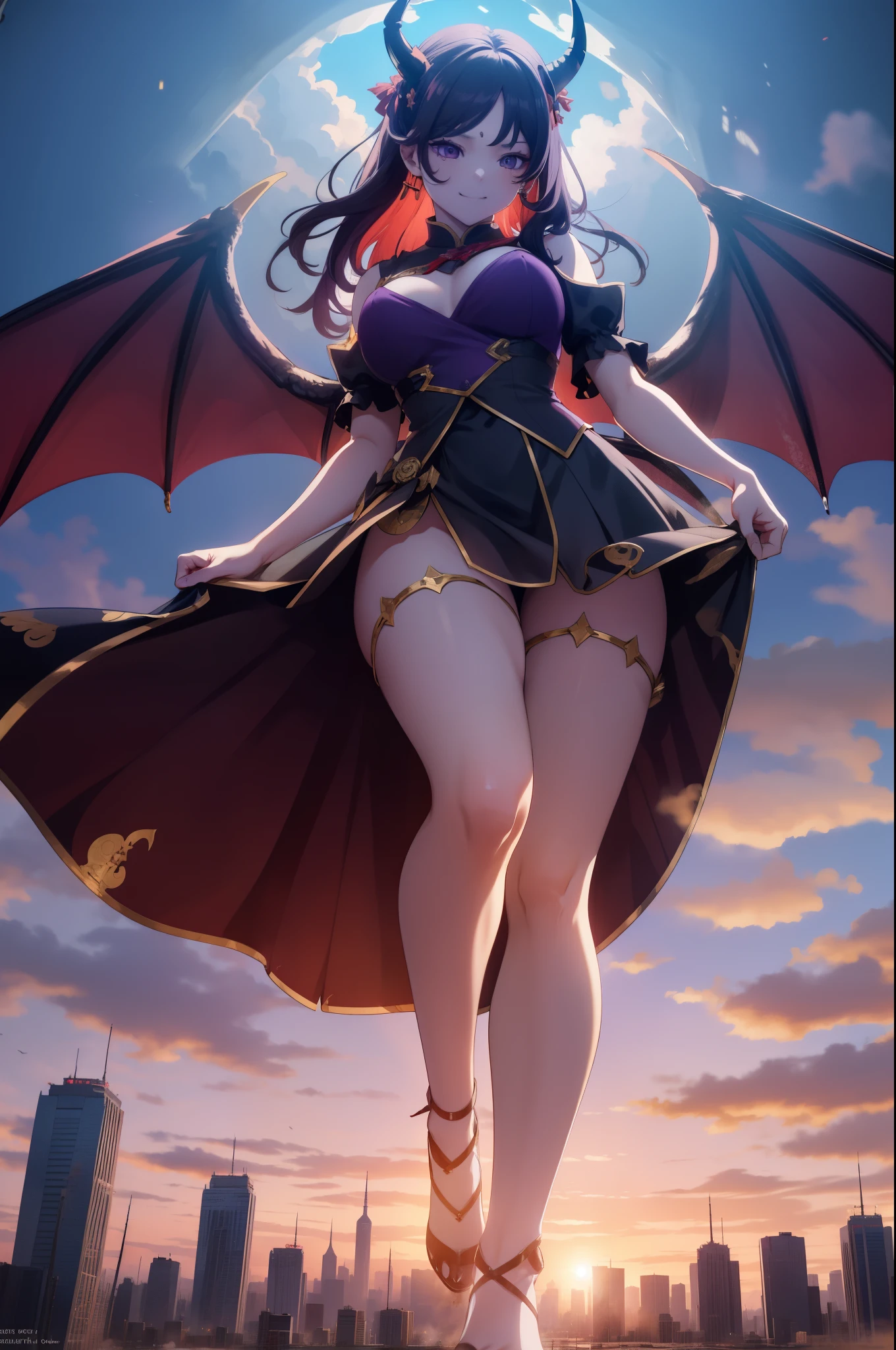 Aerial View,giant girl 50,000 feet high,Have a pair of long legs,Possessing a pair of huge demon wings,With huge devil horns on his head,Princess,mini skirt,Has waist-length purple hair,loose hair,Wearing a pair of Mary Jane heels,purple wavy hair,A look of enjoyment,standing on a city,城市到处是blood stains,Beautiful appearance,Exquisite makeup,quality,8k,高quality,(governor:1.5),Perfect proportion, Cinema lighting,film grain,Fuji colors,8k,textured skin,Super details,high detail,high quality,high resolution,explode,fake smile,blood stains,脚底有blood stains,night,Fat stature