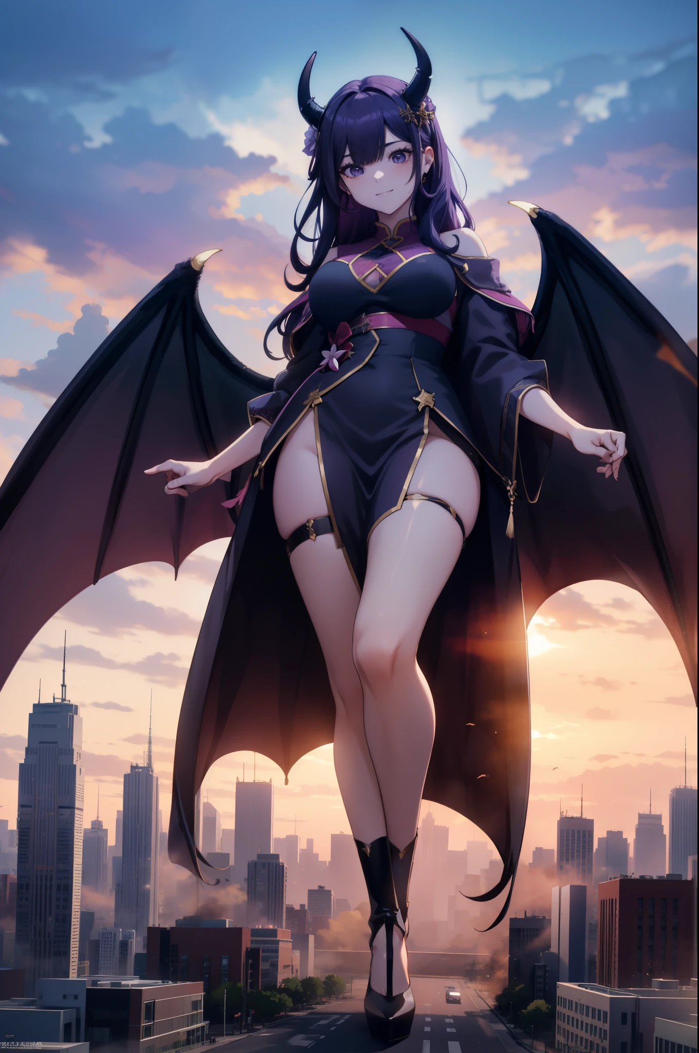 Lisa Ann as a hyper-giant, Hyper-powerful demon with a demon horn on its head and demon wings, and throws purple lightning bolts at a building, ville en ruine post apocalyptique,