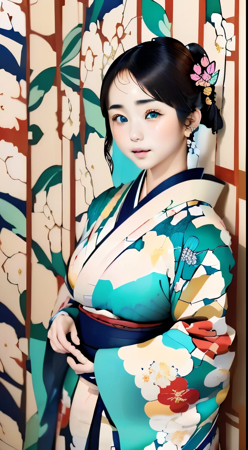 ((Highly detailed CG unit 8k wallpaper, masterpiece, High resolution, highest quality, highest qualityのリアルテクスチャスキン)), ((beautiful turquoise eyes:1.2、Perfect good looks、anatomy、20talent、cute face、Beautiful Caucasian Woman、An ennui look、plump lips, Upper body, Japanese pattern haori,)),very correct posture、A heavy kimono with a beautiful pattern、Elegant kimono、 ((colorful wall with geometric pattern, Japanese pattern wall, , butterfly, Floral)), surreal, digital paint,