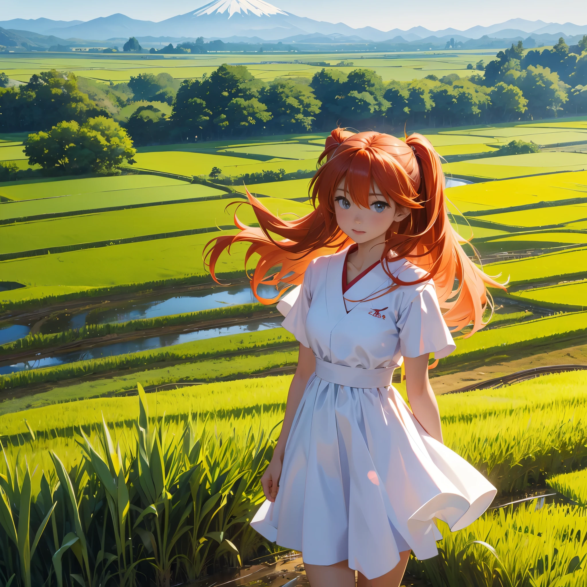 Asuka Langley、Japanese rice field scenery、summer sun、white dress