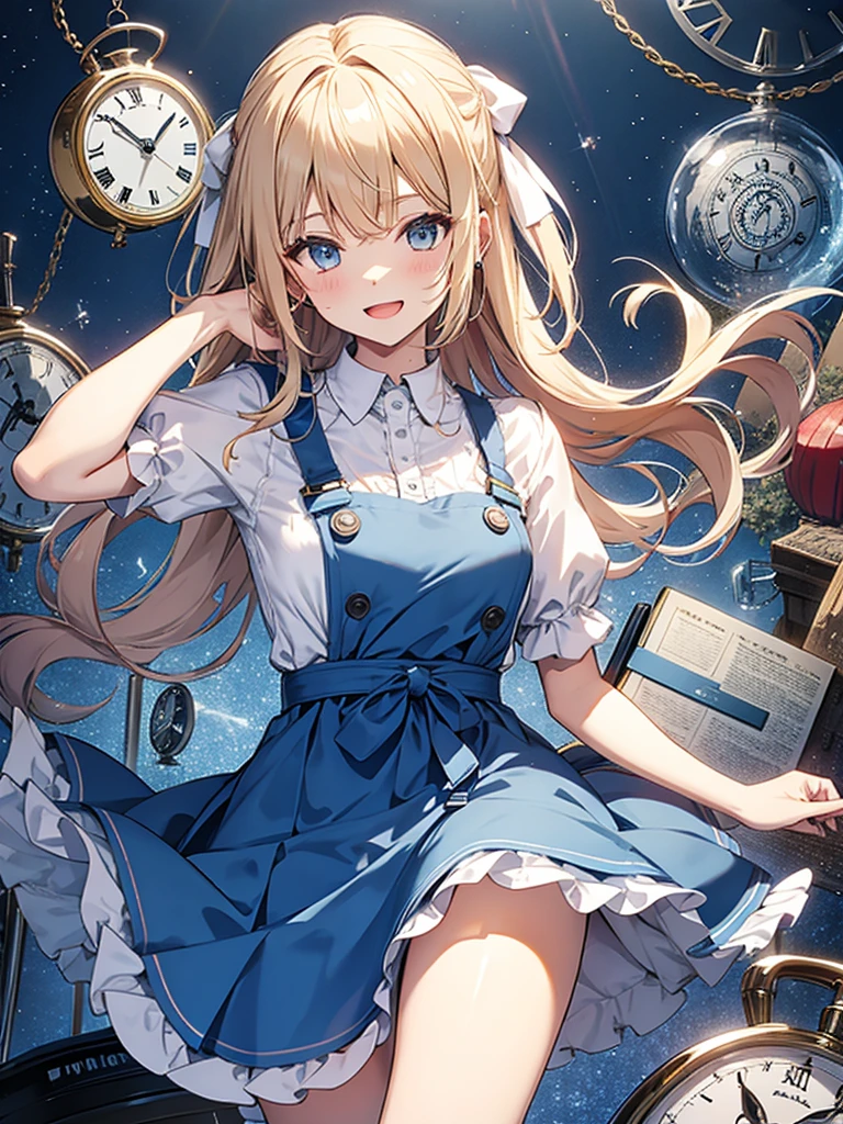 1 girl、laughter、light blue dress、white apron、blonde hair、ribbon、clock、wonderland、(small breasts)、movement、