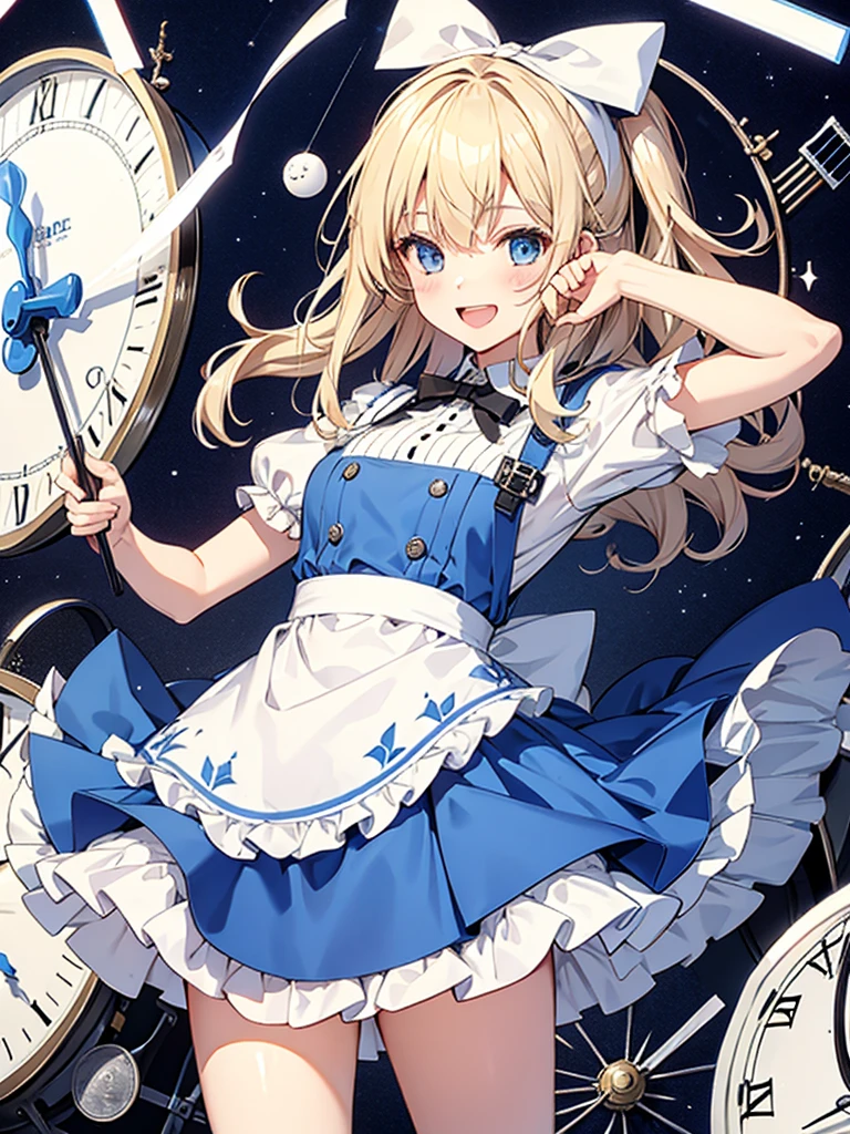 1 girl、laughter、light blue dress、white apron、blonde hair、ribbon、clock、wonderland、(small breasts)、movement、