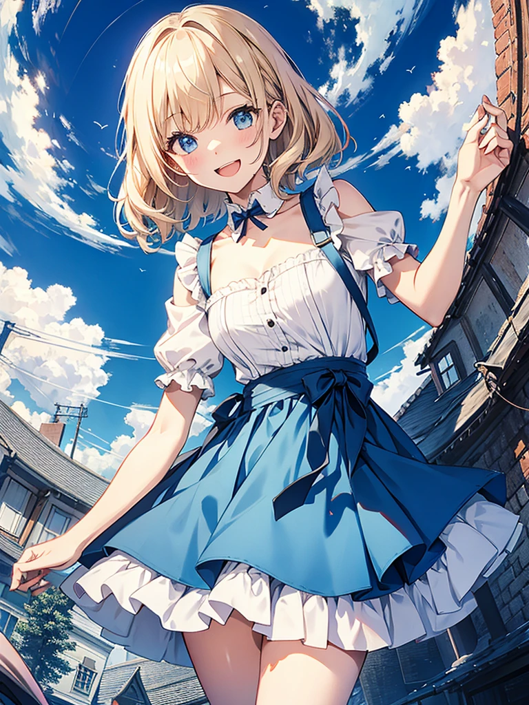 anime styled, High definition illustration, Perfect drawing, Anatomically accurate drawing, alice in the wonderland, In a forest bathed in bright sunlight, Beautiful blonde girl pissing while standing, ((seminude:1.5)), Curta, A light blue dress with a simple design and frills., Layering a white apron,She holds the hem of her dress and apron with both hands.、Rolling up., He looks at me with a mixture of embarrassment and relief..,The Girl&#39;Apron and skirt rolled up, You can see urine coming out of her genitals.., Red headband