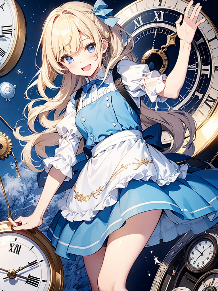 1 girl、laughter、light blue dress、white apron、blonde hair、ribbon、clock、wonderland、(small breasts)、movement、