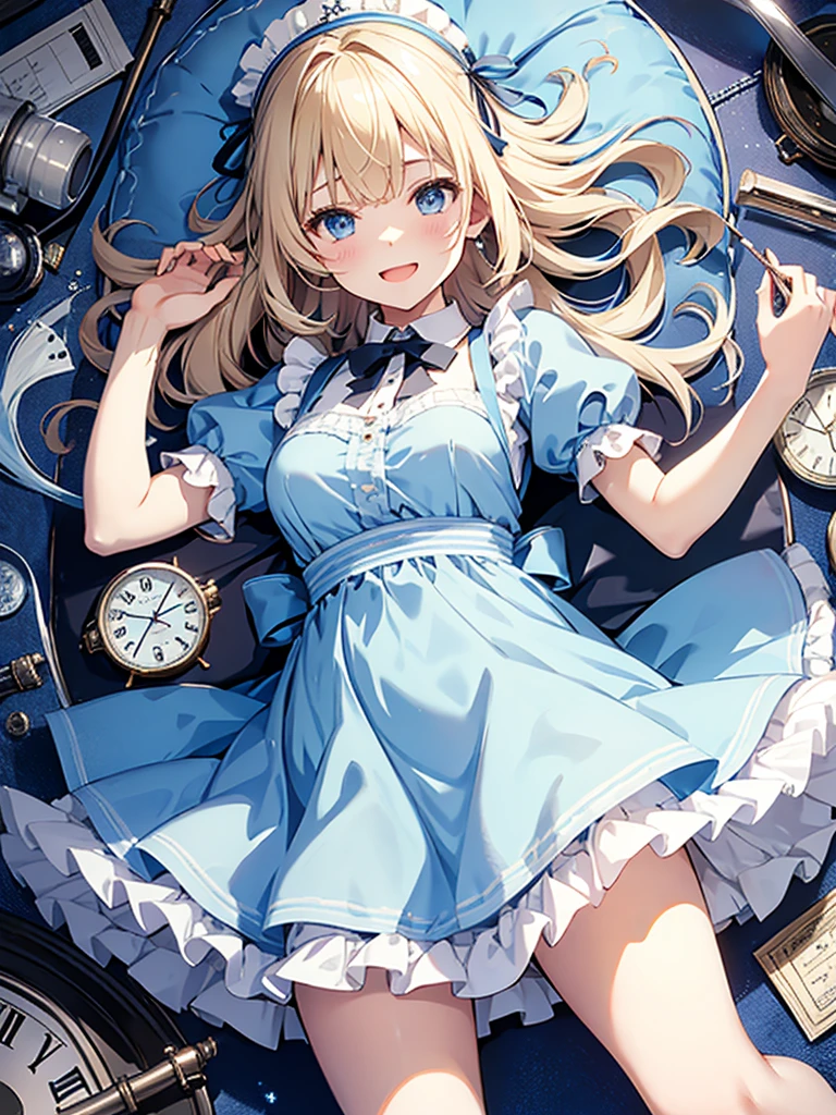 1 girl、laughter、light blue dress、white apron、blonde hair、ribbon、clock、wonderland、(small breasts)、movement、