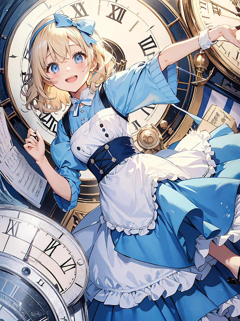 1 girl、laughter、light blue dress、white apron、blonde hair、ribbon、clock、wonderland、(small breasts)、movement、