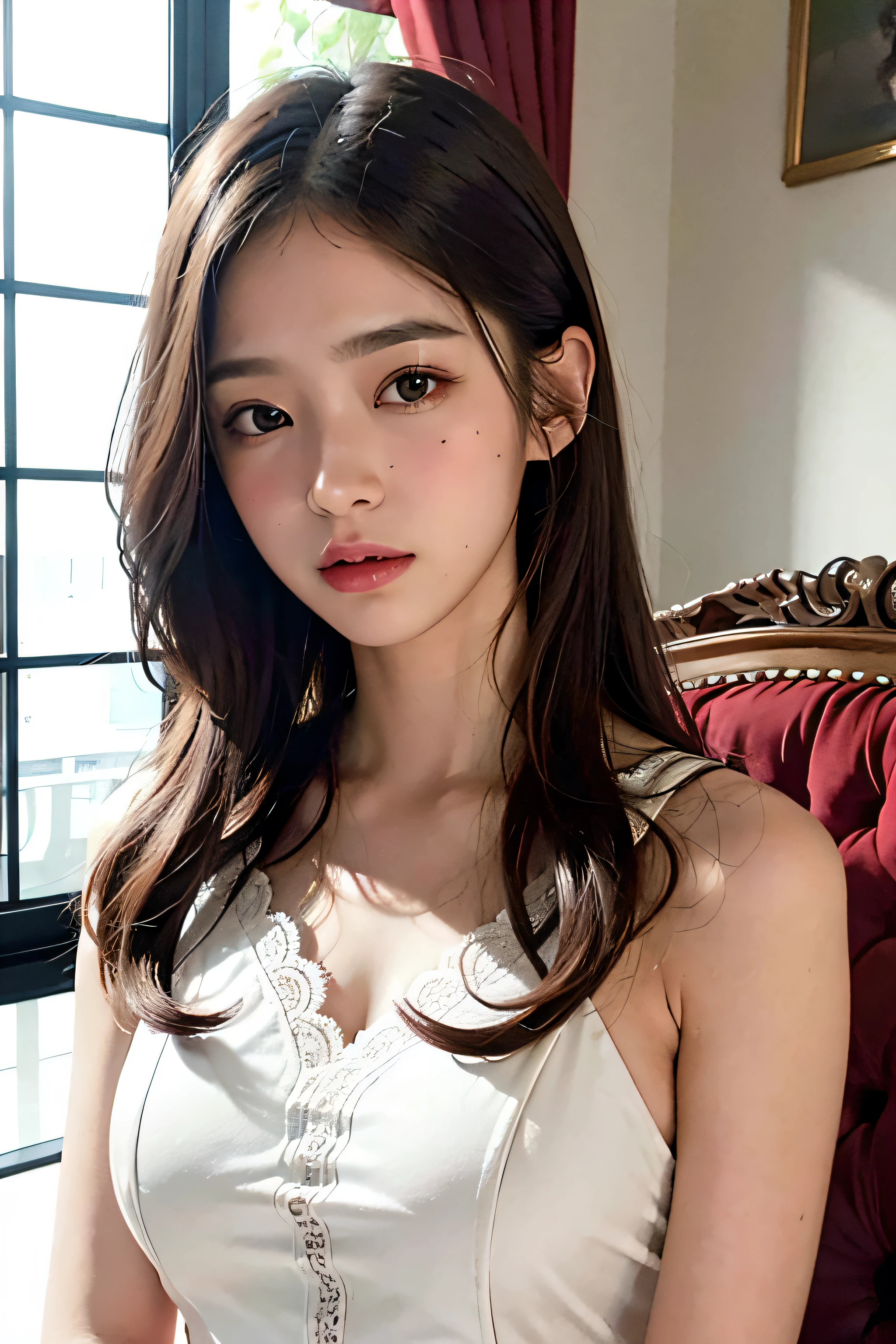 top quality、masterpiece、The content is very detailed、high resolution、4K、超high resolution、Detailed shadows、Surrealism、Endless realism、dramatic lighting、1 girl、solo、a delicate face、lifelike eyes、real skin、white dress、dark brown hair、dynamic poses、white lace dress