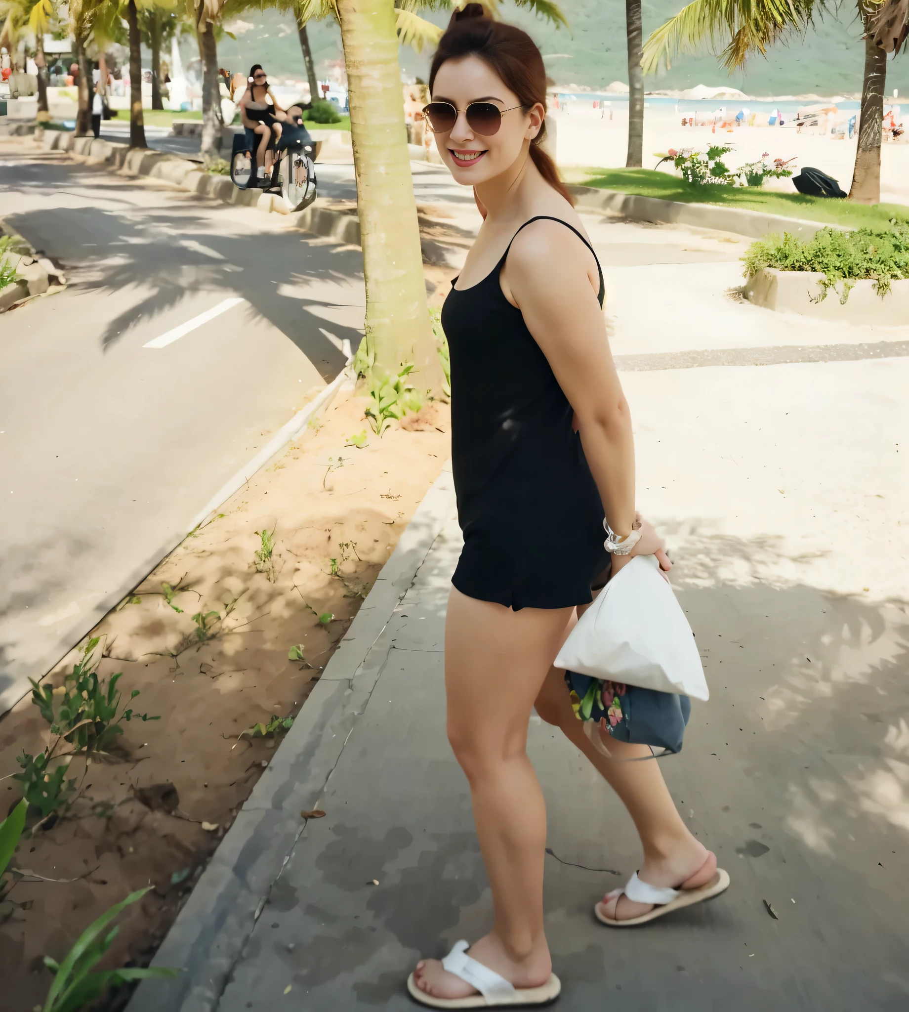 linda mulher, Vestindo shorts, uma camiseta preta, in flip-flops walking on the sidewalk next to the beach, linda garota vestindo uma blusa preta justa e shorts, na praia, Num dia de sol. Uma mulher com pele branca e cabelos escuros. Ela tem trinta anos. Seu vermelho, slightly plump lips are like a delicate flower, e ela grande, olhos encantadores parecem conter um mundo de maravilhas. Ela tem 30 anos. Your body exudes glamor and your face is the definition of beauty. pernas bem torneadas. Altamente realista, pele avermelhada, beautiful lips, sorriso, feeling of lightness and joy, hiperrealismo, pele muito elaborada, olhar direto, trabalho de arte, Foto de alta qualidade, high resolution, 8k.