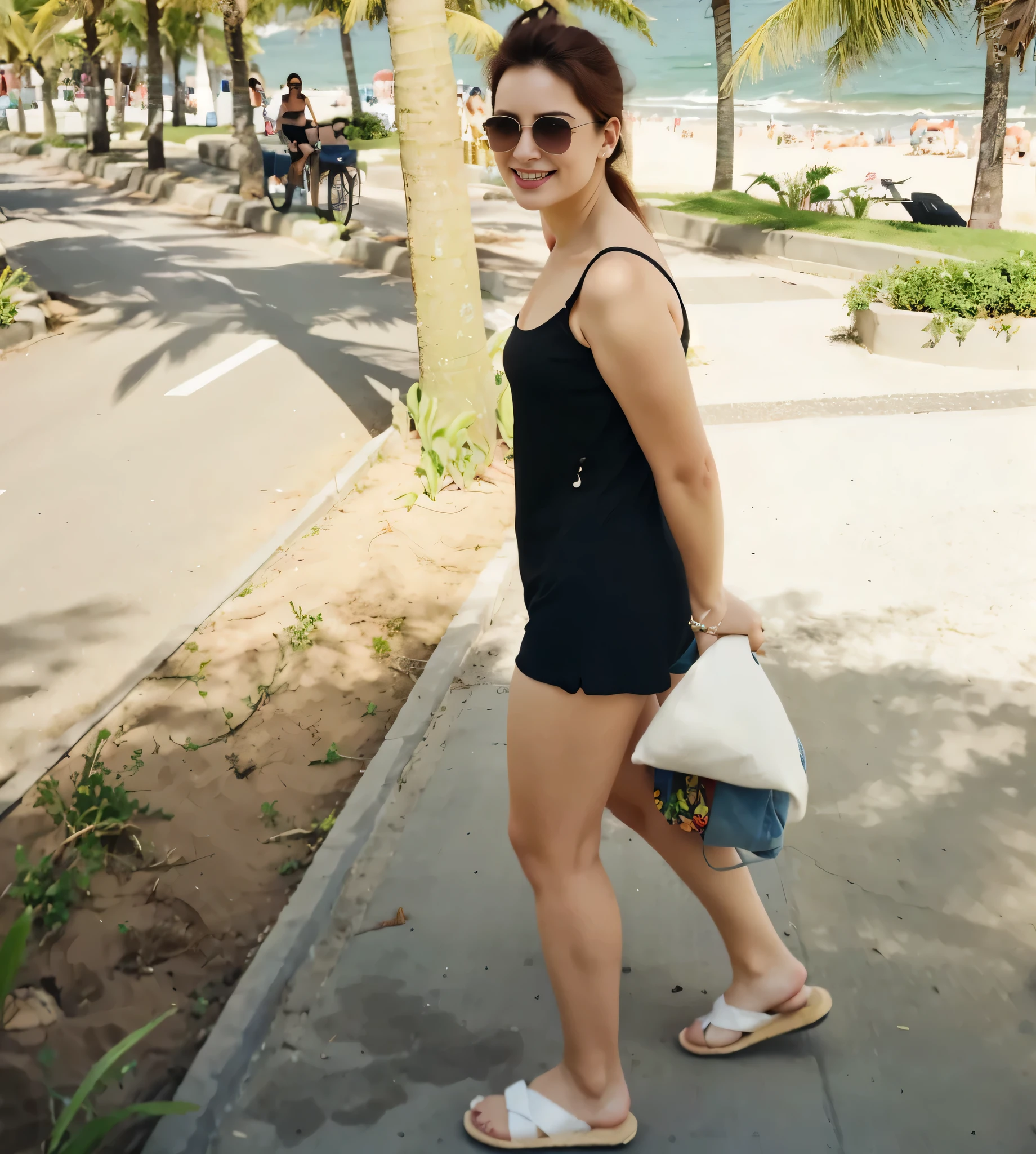 linda mulher, Vestindo shorts, uma camiseta preta, in flip-flops walking on the sidewalk next to the beach, linda garota vestindo uma blusa preta justa e shorts, na praia, Num dia de sol. Uma mulher com pele branca e cabelos escuros. Ela tem trinta anos. Seu vermelho, slightly plump lips are like a delicate flower, e ela grande, olhos encantadores parecem conter um mundo de maravilhas. Ela tem 30 anos. Your body exudes glamor and your face is the definition of beauty. pernas bem torneadas. Altamente realista, pele avermelhada, beautiful lips, sorriso, feeling of lightness and joy, hiperrealismo, pele muito elaborada, olhar direto, trabalho de arte, Foto de alta qualidade, high resolution, 8k.