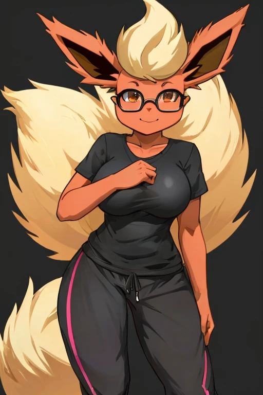 ((Flareon)), anthropomorphic, big boobs, big ass, pokemorph, (((1girl))), (((black t-shirt))), (pink sweatpants), cute and sexy, slender, red skin, (glasses), long legs, smiling