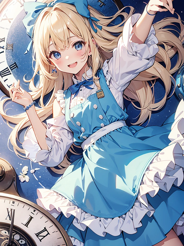 1 girl、laughter、light blue dress、white apron、blonde hair、ribbon、clock、wonderland、(small breasts)、movement、パンティショット、