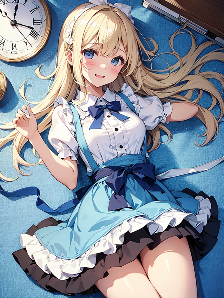 1 girl、laughter、light blue dress、white ?????、blonde hair、ribbon、clock、wonderland、（small breasts）、movement、パンティショット、