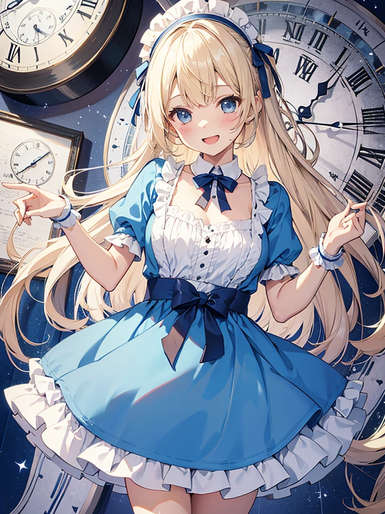 1 girl、laughter、light blue dress、white apron、blonde hair、ribbon、clock、wonderland、（small breasts）、movement、パンティショット、