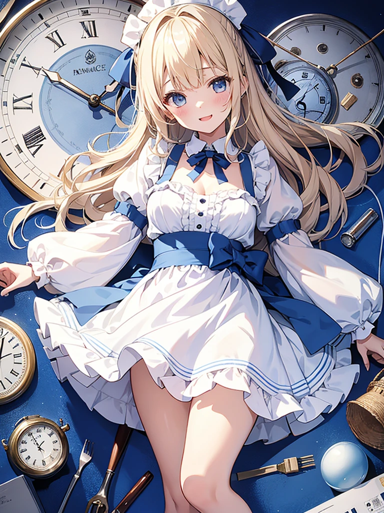1 girl、laughter、light blue dress、white apron、blonde hair、ribbon、clock、wonderland、（small breasts）、movement、パンティショット、