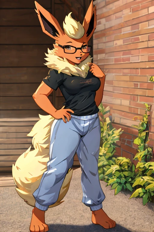 ((Flareon)), anthropomorphic, big boobs, big ass, pokemorph, (((1girl))), (((black t-shirt))), (pink sweatpants), cute and sexy, slender, red skin, (glasses), long legs, smiling
