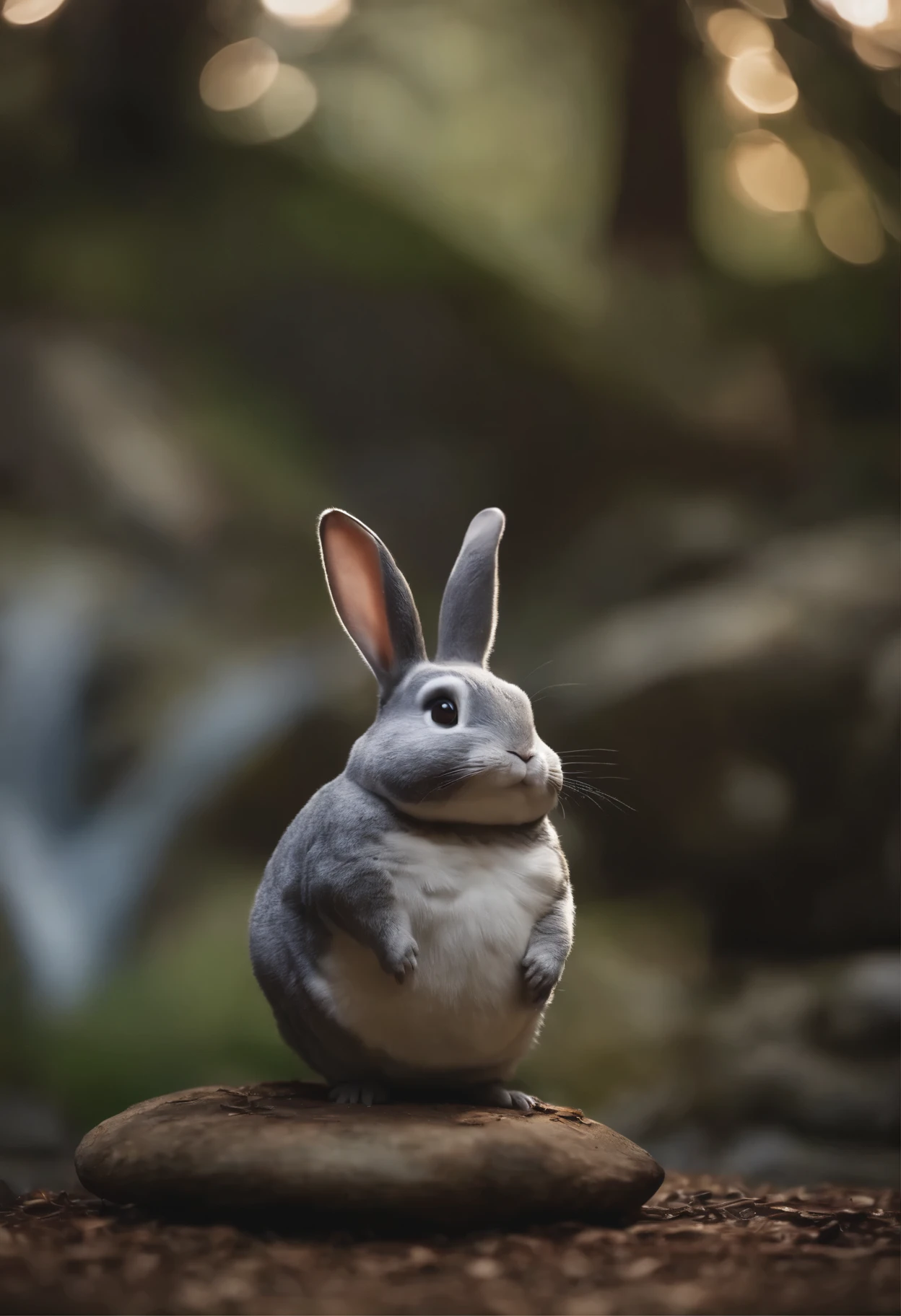 here is a small animal, standing on a stone, happy big chungus, big chungus, big chungus meme, chinchilla animal, smear, with pointed ears, Fat beetles owl, big chungus boss, It looks very stupid, Half a rabbit, Real life Totoro