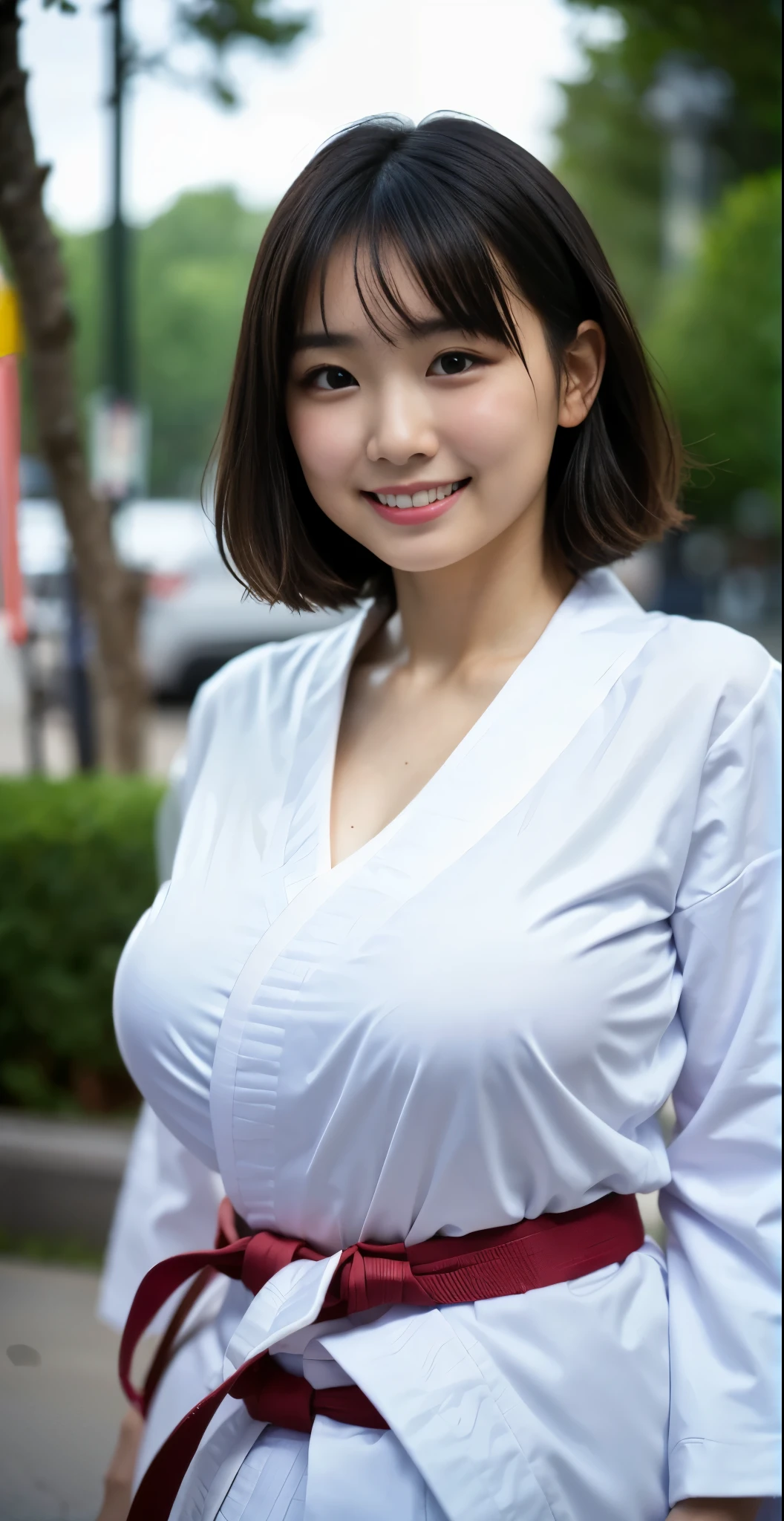 (8K、Raw photography、highest quality、masterpiece:1.2),(black haired、very short hair:1.5),show viewer,Looking at the front,erotic,白いskin,(wearing a karate kimono:1.7)、(Clothing that emphasizes the shape of your chest、publish one'skin:1.6)、(big boobs:1.5)、slim body shape、ultra high resolution,beautiful,beautiful fece,(alone, alone、no background:1.9),whole bodyボディー,japanese woman,(Photoreal:1.37)、photon mapping,reality、(Cute with a : 1.5)、(cute smile: 1.7)、(With a round face: 1.9)、radio city、Physically based rendering、depth of field rally background、photograph, (I can see your knees,close up of thighs:1.4),whole body、super fine