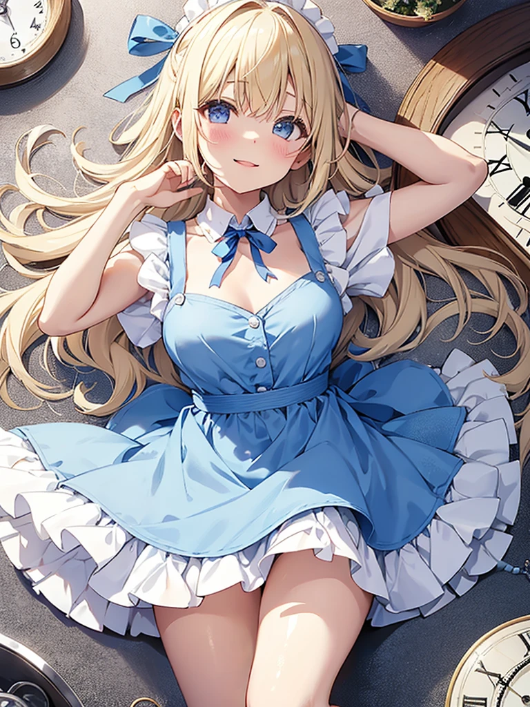 1 girl、laughter、light blue dress、white apron、blonde hair、ribbon、clock、wonderland、（small breasts）、movement、(パンティを膝までさげる,NSFW),