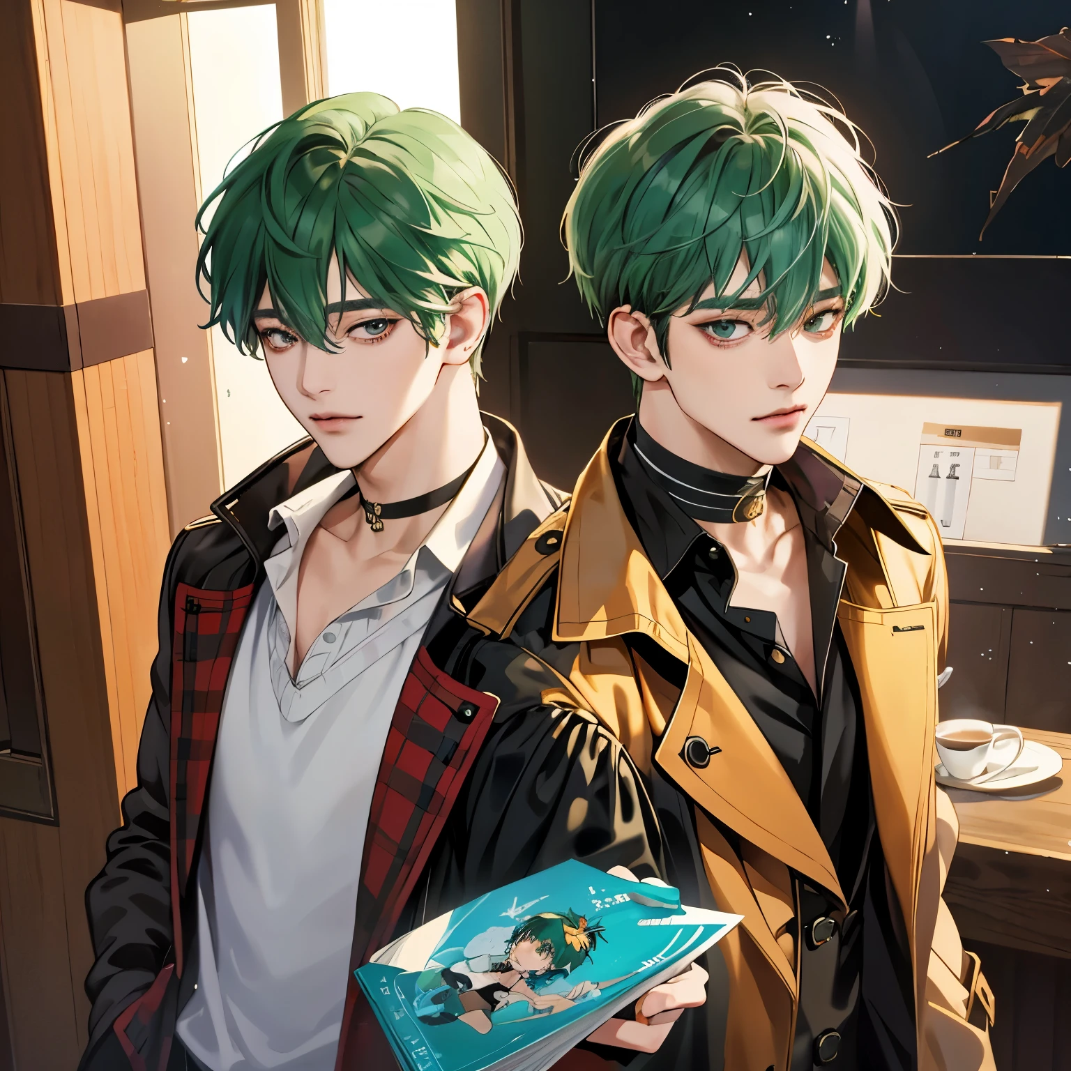 Guviz-style artwork, Made at Anime Painter Studio, anime realismスタイル, realistic anime art style, Drawn at Anime Painter Studio, Inspired by Kim Taehyung, In an anime style, anime handsome man, Inspired by Kim Taehyung, anime realism、Green hair、A sloppy smile、choker、Multiple piercings、Man with short hair、One man、Inspired by Kim Taehyung、Inspired by Kim Taehyung、gray eyes、trench coat、morning、Cafe、One man、Inspired by Kim Taehyung、