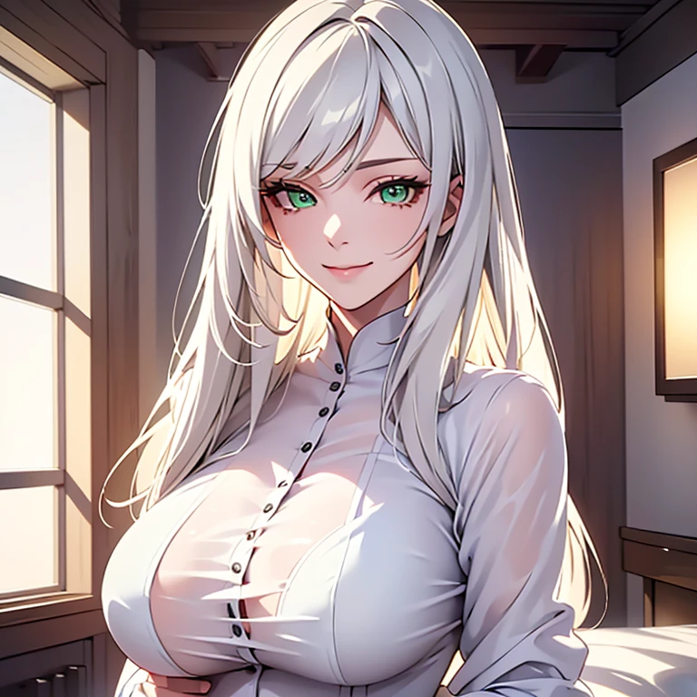 (girl, white hair, long hair, green eyes, sharp gaze, upper body, modern dress, smiling face, single woman, mature woman, suit, modern attire, western attire, office look), (best quality,4k,8k,highres,masterpiece:1.2), ultra-detailed, realistic:1.37, HDR, studio lighting, professional, vivid colors, portraits, contemporary, soft color tones, gentle and warm lighting, half naked boobs expose, one piece swimsuit, only one female