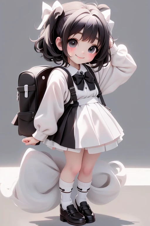 masterpiece, best quality, a cute chibi girl smiling, ((black)) hair, (((white pinafore dress))), (((short))) puffy sleeves, white hairbow, white socks, (((black))) mary jane pumps, school backpack, (((full body))),