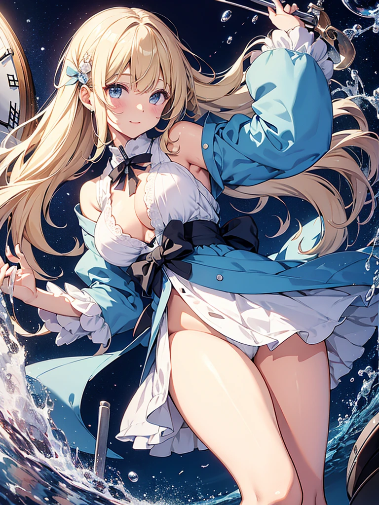 1 girl、laughter、light blue dress、white apron、blonde hair、ribbon、clock、wonderland、（small breasts）、movement、(パンティを膝までさげる,NSFW),