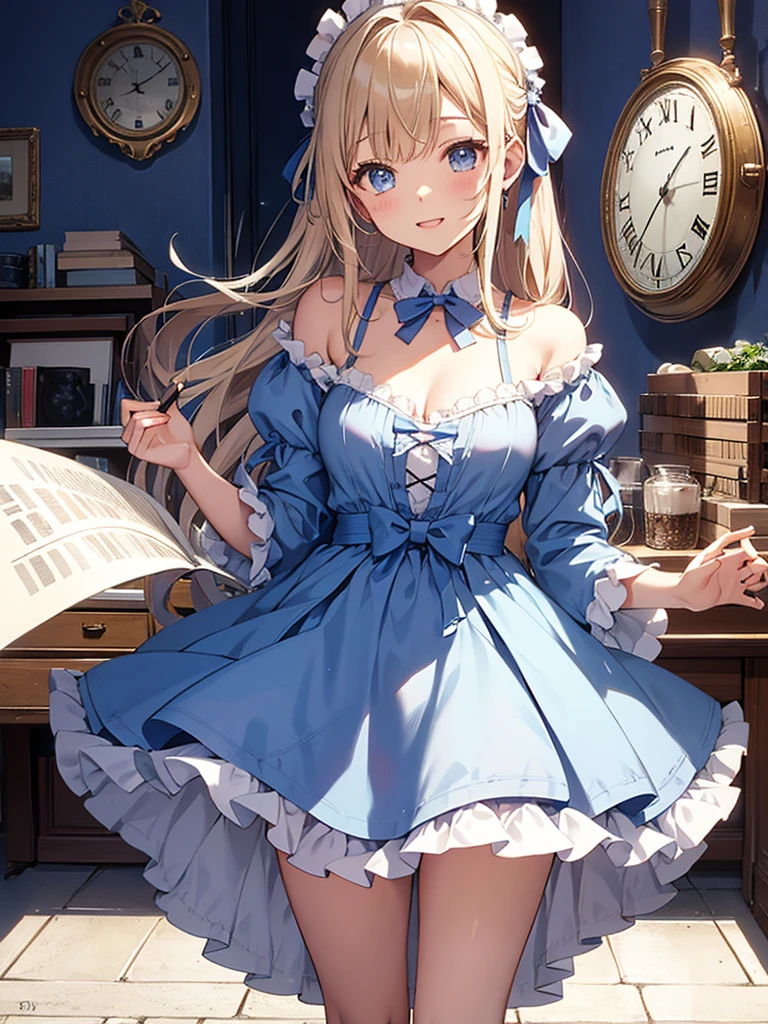  girl、laughter、light blue dress、white apron、blonde hair、ribbon、clock、wonderland、（small breasts）、movement、(pull your panties down to your knees,NSFW),SEX,masturbation、Pee、dildo、