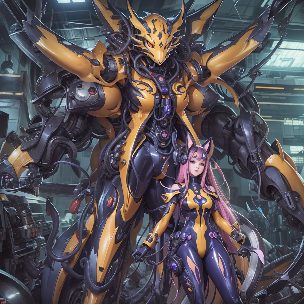 NSFW,Pilot and giant battle mecha,The pilot is inside a giant battle mech.,Pilot details(Height: 160cm,The pilot is in front of a giant battle mech.,The pilot wears a Renamon-type full body suit.,face:Renamon type full face,tentacle cockpitに搭乗,Pussy is connected to tentacles,Renamon type full body suit is sticky and glossy with mucus.,evil depravity,symbiote),Details of the giant battle mecha(Looks like a fusion of Renamon and a dragon,symbiote,evil depravity,About 10 meters tall,Mofumofu tail,fox ears,standing behind the pilot),tentacle cockpit,renamon crossover
