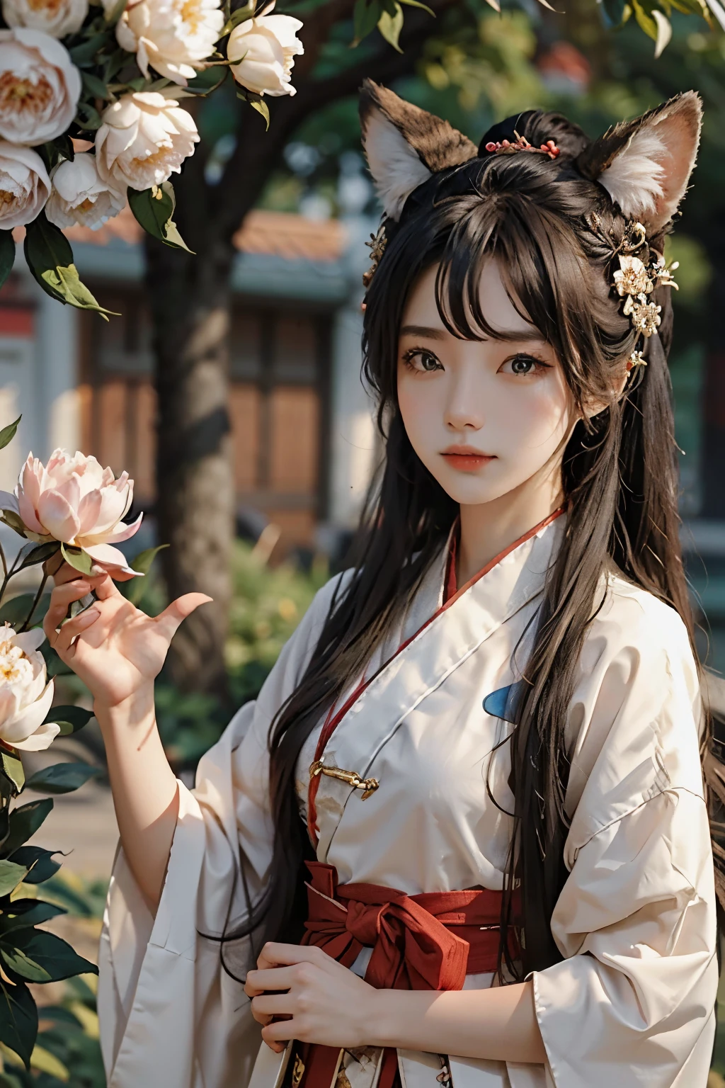 (masterpiece), (best quality), 1girl, girl with fox ears, Hanfu, dudou, ancient China, sexy, outdoor, peony, sunny, windy, ancient China architect