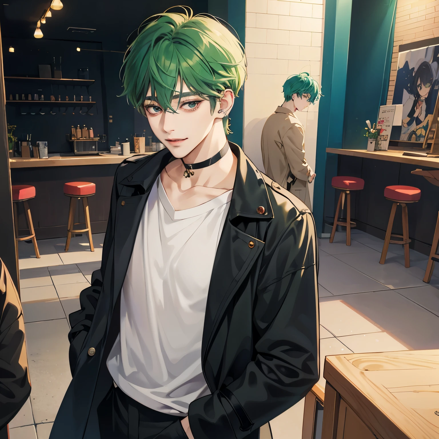 Guviz-style artwork, Made at Anime Painter Studio, anime realismスタイル, realistic anime art style, Drawn at Anime Painter Studio, Inspired by Kim Taehyung, In an anime style, anime handsome man, Inspired by Kim Taehyung, anime realism、Green hair、A sloppy smile、choker、Multiple piercings、Man with short hair、One man、Inspired by Kim Taehyung、Inspired by Kim Taehyung、gray eyes、trench coat、morning、Cafe、One man、Inspired by Kim Taehyung、