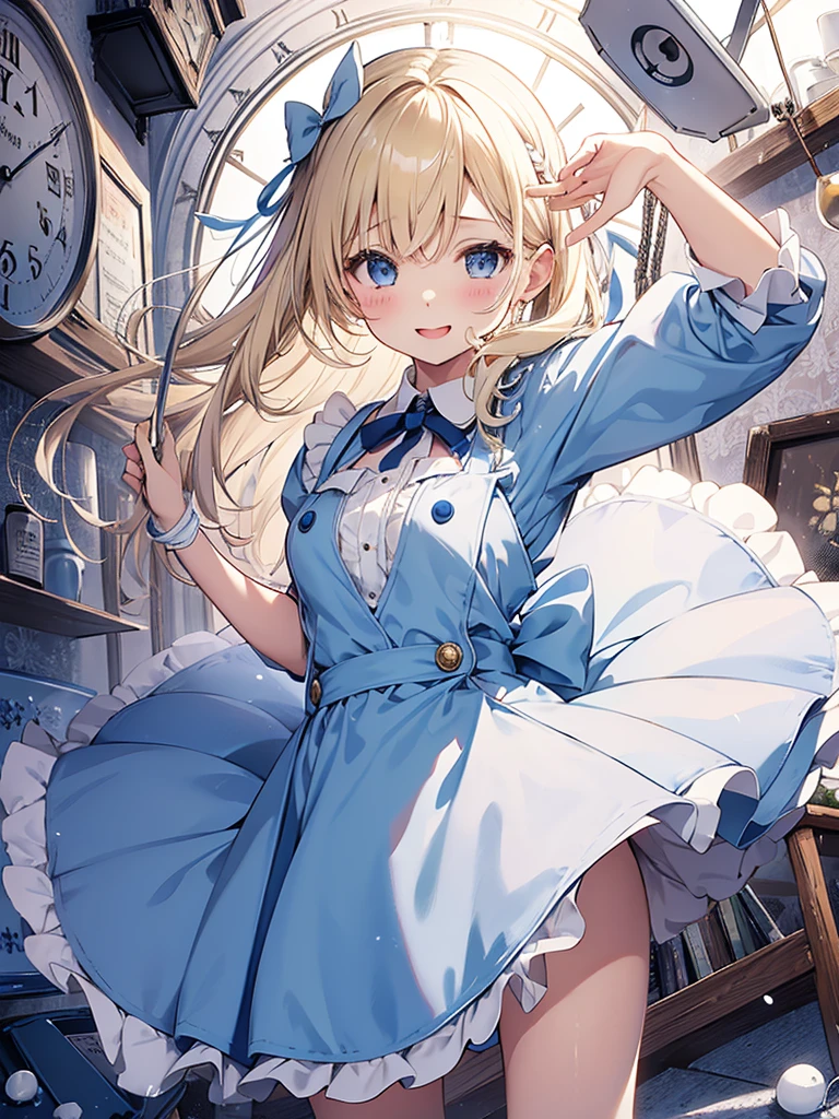 1 girl、laughter、light blue dress、white apron、blonde hair、ribbon、clock、wonderland、(small breasts)、movement、(パンティを膝までさげる,NSFW),