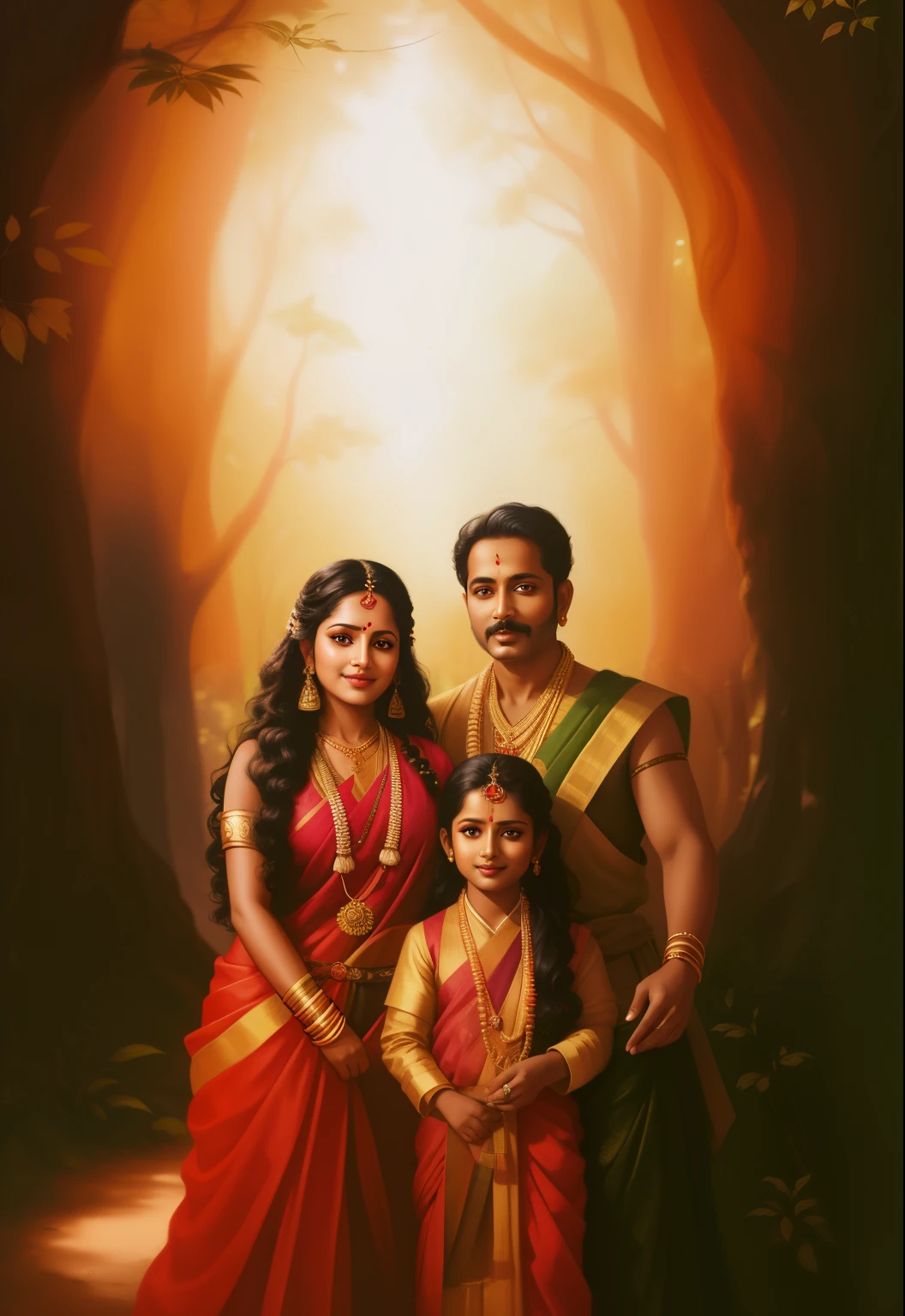 there is a man and woman posing for a picture in a forest, inspired by Thota Vaikuntham, happy family, portrait of family of three, airbrush digital oil painting, digital fantasy portrait, digital painting photoshop, by Thota Vaikuntham, detailed portrait, inspired by Raja Ravi Varma, matte painting portrait shot, full protrait, high quality portrait