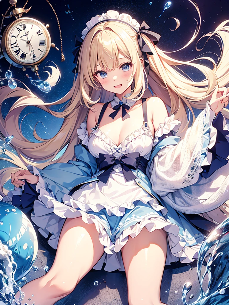 1 girl、laughter、light blue dress、white apron、blonde hair、ribbon、clock、wonderland、（small breasts）、movement、(パンティを膝までさげる,NSFW),SEX,