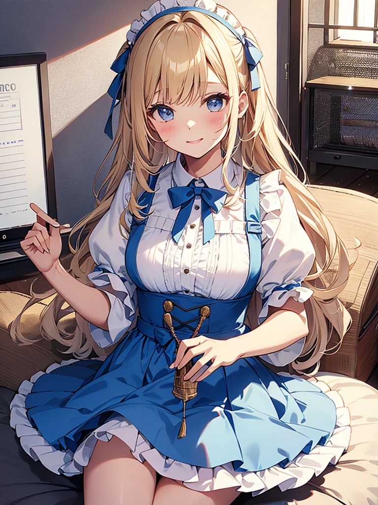 (masterpiece、Highest quality;1.3)、Very detailed、One Girl、Holding a brass instrument、Twin tails、Looking at the audience、throw、smile、at the library、alice liddell、Blue Dress、White apron、Black hair band、Blonde long hair、I can see your pants、Bra very、Spread your legs、pussy juice stain panties