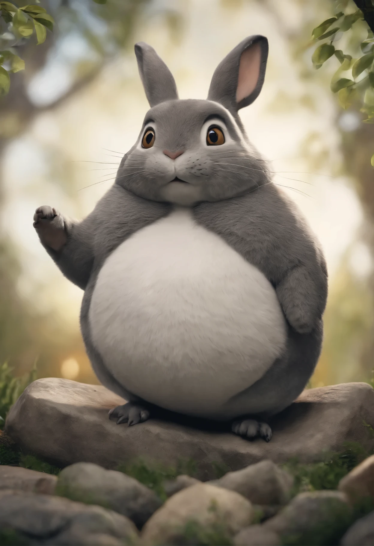 here is a small animal, standing on a stone, happy big chungus, big chungus, big chungus meme, chinchilla animal, smear, with pointed ears, Fat beetles owl, big chungus boss, It looks very stupid, Half a rabbit, Real life Totoro