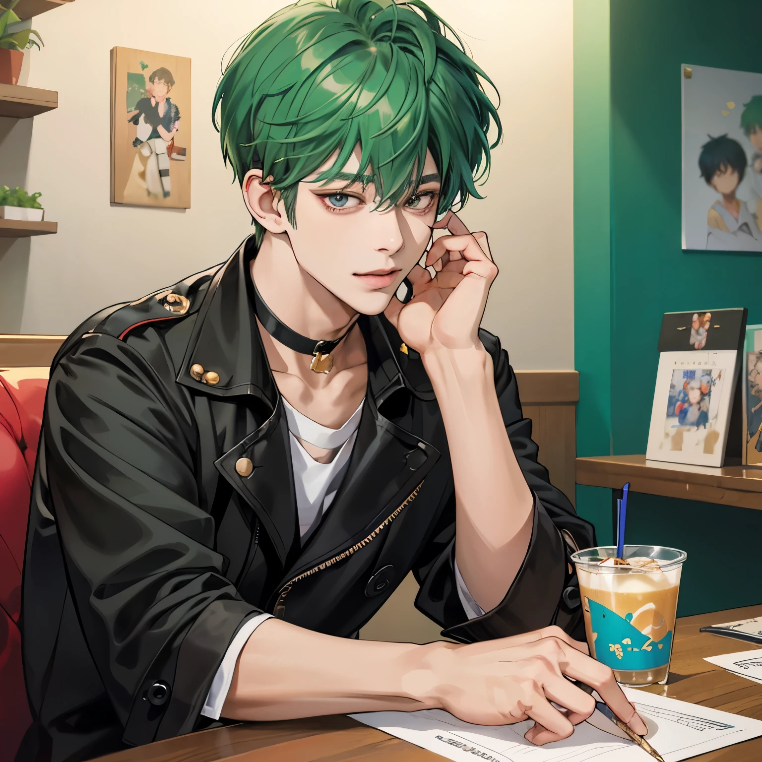 Guviz-style artwork, Made at Anime Painter Studio, anime realismスタイル, realistic anime art style, Drawn at Anime Painter Studio, Inspired by Kim Taehyung, In an anime style, anime handsome man, Inspired by Kim Taehyung, anime realism、Green hair、A sloppy smile、choker、Multiple piercings、Man with short hair、One man、Inspired by Kim Taehyung、Inspired by Kim Taehyung、gray eyes、trench coat、morning、Cafe、One man、Inspired by Kim Taehyung、