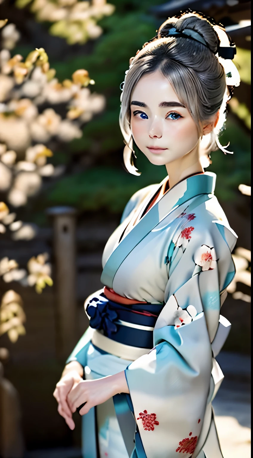 beautiful turquoise eyes、beautiful nordic girl、16talent、ash gray hair、bun hair、Perfect good looks、Beautiful skin like porcelain、detailed skitomy、Correct depiction of the human body、An ennui look、plump lips、kimono、美しい西陣織のkimono、きめの細かい柄のkimono、Elegant、silence、refinement、highest quality、Highest image quality、master piece:1.3、Portrait、perfect lighting、professional photographer、The background is blurry、blurred background、Gardens in Kyoto、Karesansui、sand and rock garden、old taste
