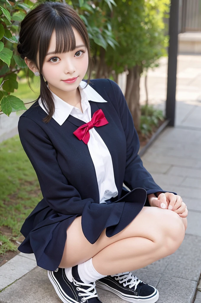 (NSFW:0.99)、a beauty girl, (Skirt lifting), looking in camera, Angle from below, Short skirt, Squatting, Shy smile, Japanese school uniform , Beautiful skin, ((highest quality, 16 K, masterpiece: 1.3)), 1 girl, Light on Face, hyperdetailed face, very detailed lips, Detailed eyes、real looking skin、Panties with cute designs、Shaved、Variety of hairstyles、Uniforms of different colors、Dress naturally、Vans sneakers、Bite、Detailed panties