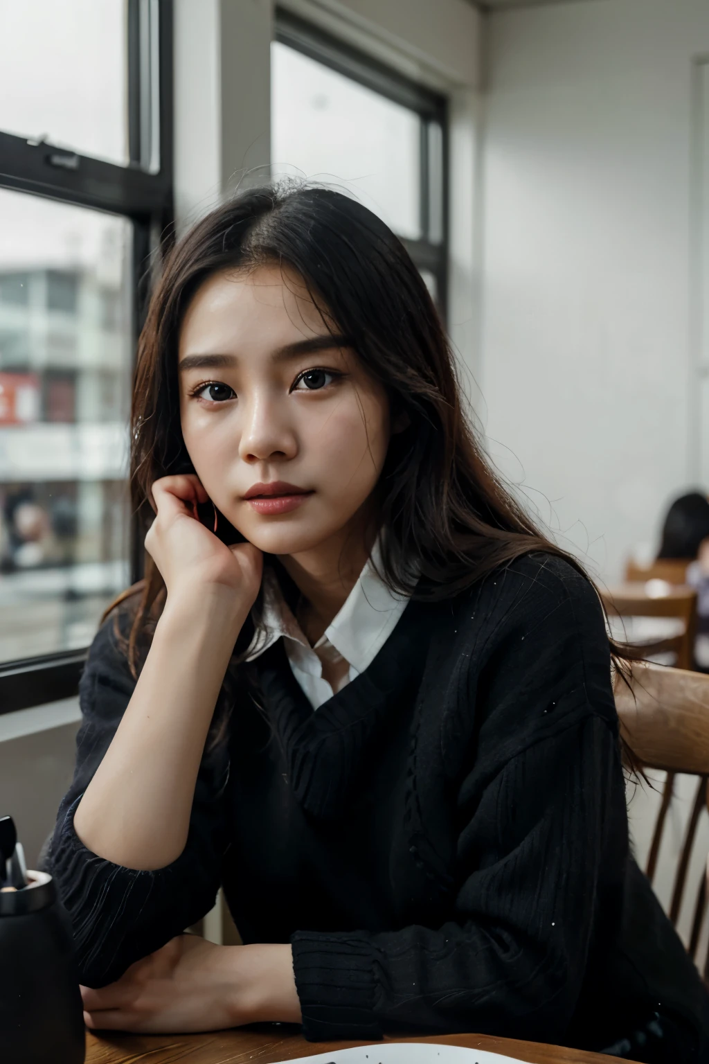 a 34 yo young lady with young appearance, sitting at a table with a cup of coffee at coffee shop, ((wearing black sweater with white collar)), jiyun chae, sangsoo jeong, wenfei ye, heonhwa choe, louise zhang, xintong chen, taejune kim, qifeng lin, gemma chen, xue han, lulu chen, jaeyeon nam, pengzhen zhang, mingchen shen, detailed face, ((best quaility)), very high resolution, photorealistic, detailed skin texture