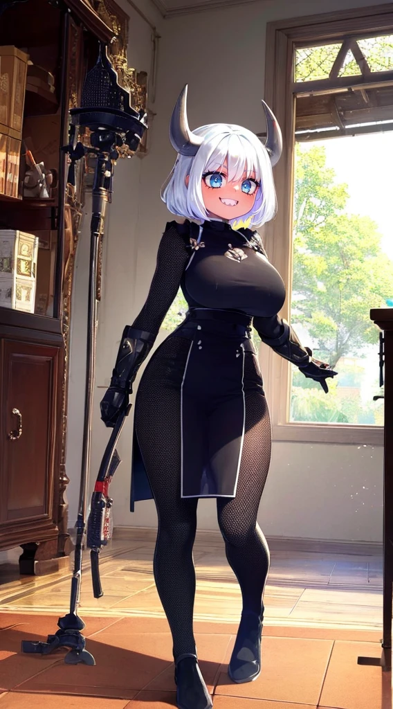 nun, demon girl, walking, , warpriesstes, silver hair, short hair, sacred gauntlets, long ski, cute smile, pure smile, love smile,,veillong skirt, pantyhose, staff holding, armor, gloves, standing, full body,sharpteeth,standing, full body, happy, joyfull