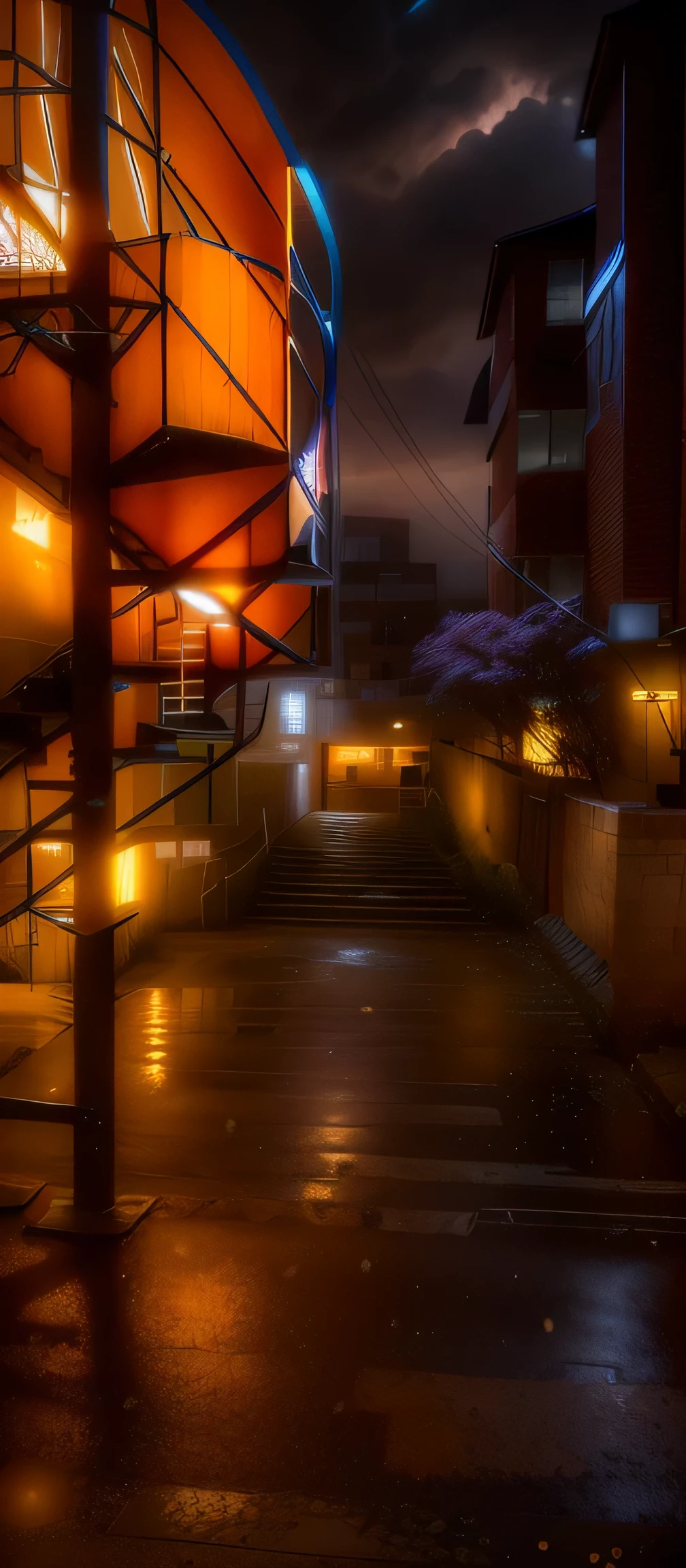 add sunset sky, there is a spiral staircase going up to a building, rows of canteen in background, university courtyard, dreary atmosphere, misty alleyways, foggy area, misty alleyway, back alley, hazy and dreary, building in the distance, bleak and oppressive atmosphere, very coherent image.