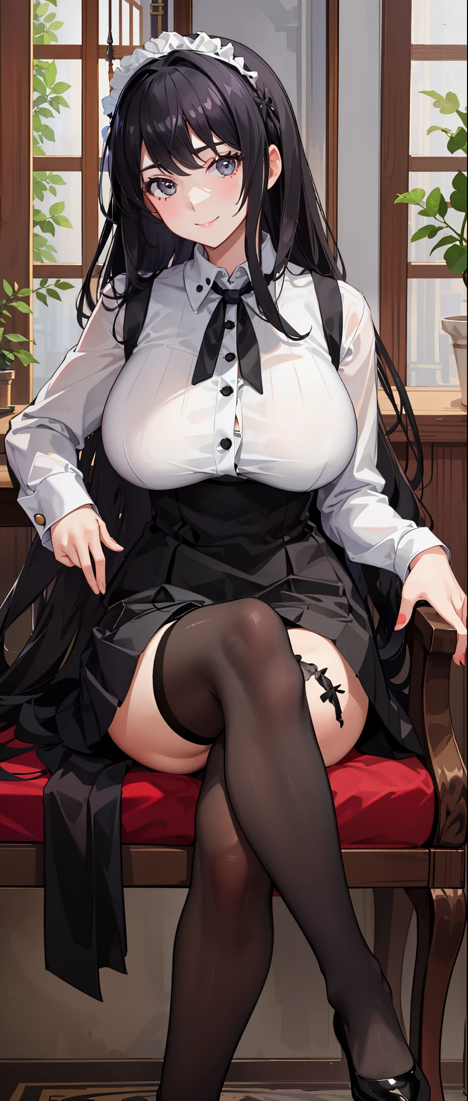 1girl in、A smile、A delightful!　The shirt、skirt by the、（huge tits）pinafore、doress、hair adornments、（Maids）、 squating panchira ,  squating panchirq , panchira , huge breasts black hair , ((black stockings)) , 20 years old , beatiful feet , sexy feet  , sexy legs ,  girl sitting on a chair , ((sitting)) , she turn to the side , (ruched black stockings) , perfect face