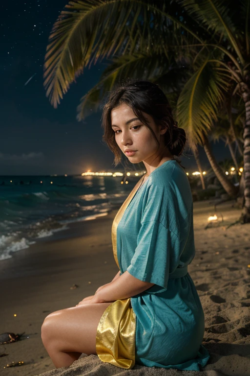 A jar filled with fireflies and magical lights, with a Buddha sitting on a hill, surrounded by a night beach with a starry sky. (best quality, 4k, highres, masterpiece:1.2), ultra-detailed, realistic:1.37, HDR, vivid colors, bokeh, with an illustration of a jar emitting soft, warm light with fireflies flying around it, creating a magical atmosphere. The fireflies' light gently illuminates the beach, revealing the texture of the sand and the waves rolling onto the shore. The starry sky above is filled with glittering stars, casting a soft glow on the surrounding landscape. The Buddha, sitting on a peaceful hill, exudes a sense of tranquility and enlightenment. He is portrayed with intricate details, capturing the serene expression on his face, the folds of his robe, and the texture of his skin. The night beach is adorned with palm trees swaying in the breeze, and the waves gently crashing against the shore, creating a soothing sound. The colors in the artwork are rich and vibrant, with hues of deep blue, warm orange, and golden yellow dominating the scene. The lighting is carefully crafted to highlight the jar and the Buddha, creating a mesmerizing interplay of light and shadow. Overall, the artwork combines elements of nature, magic, and spirituality, inviting the viewer into a world of tranquility and wonder.