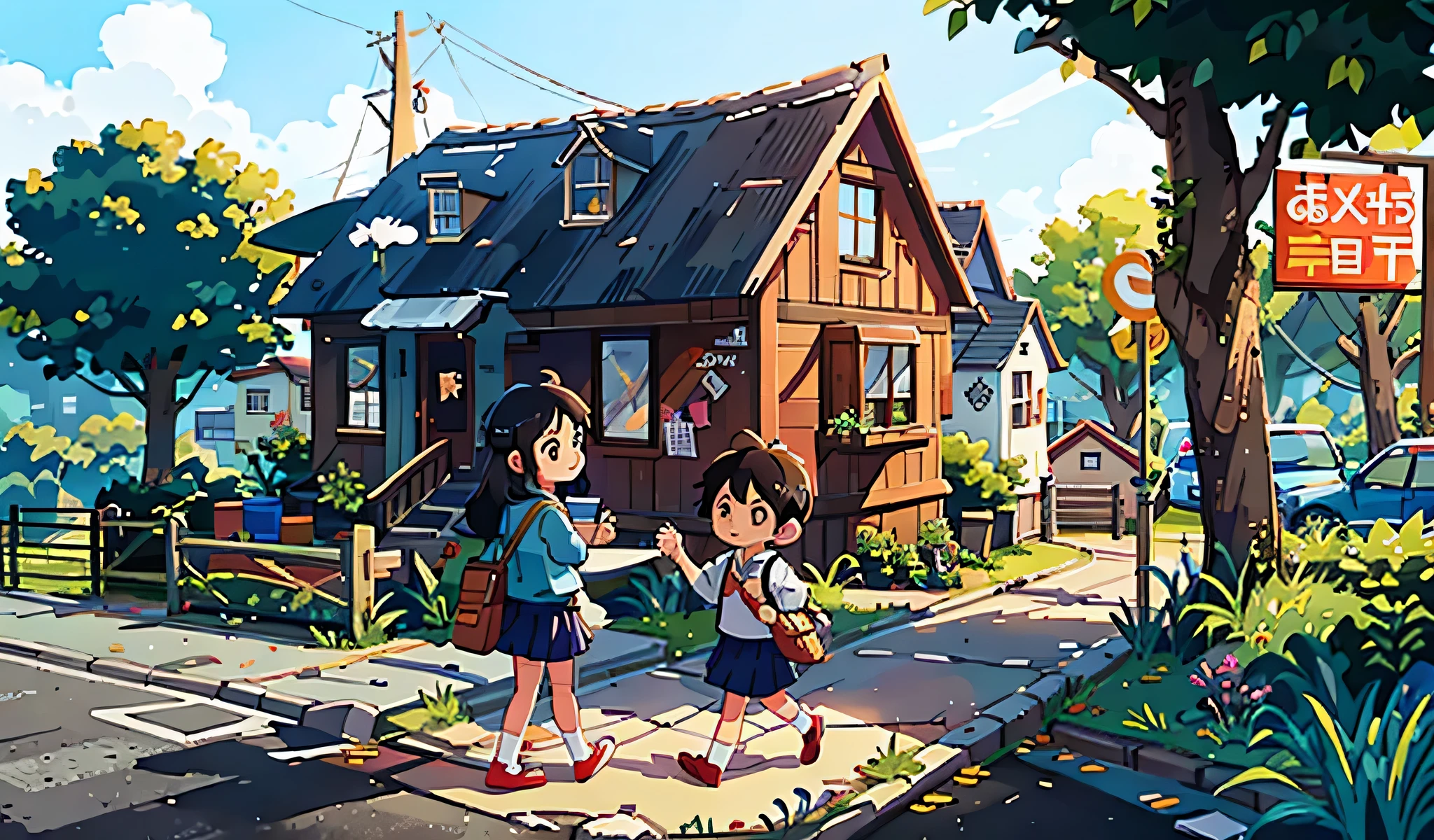 morning,Shi Yu and Emma are walking on the road in school uniforms,The school is far away,them'almost late,blue clothes