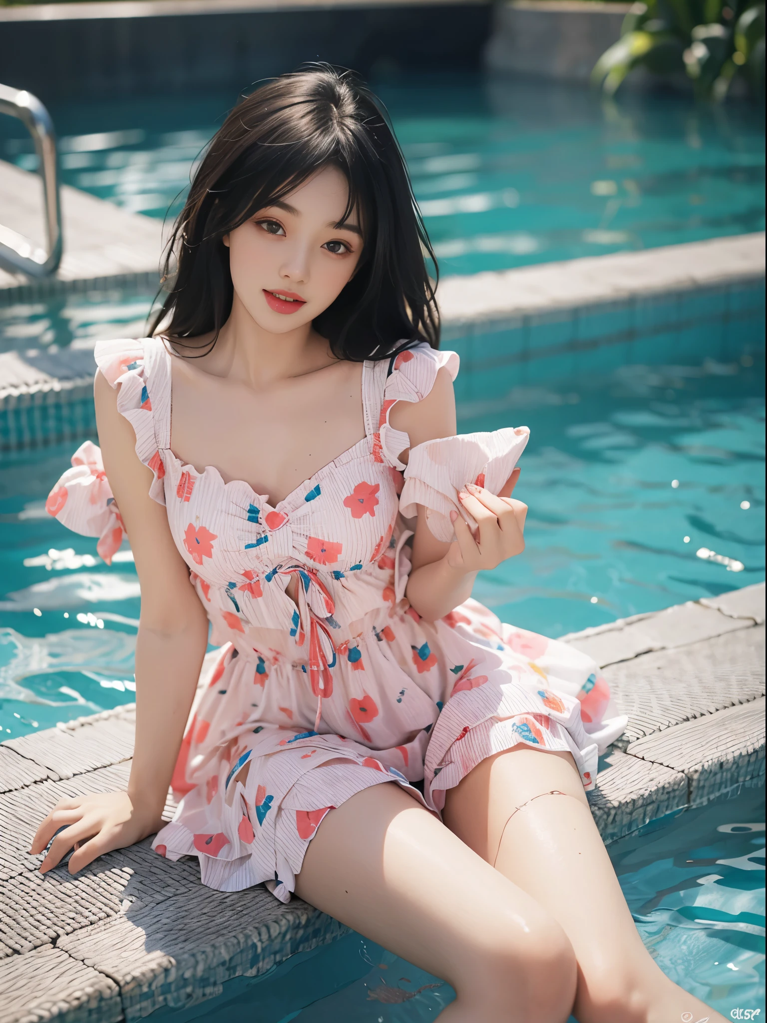 Sweet girl clothes6,print dress,,  large breas quality, masterpiece:1.2), ultra-detailed, (realistic:1.37), beautiful, youthful, glamorous model with (detailed eyes, detailed lips, extremely detailed eyes),   in a knee shot, with white and floral colors, showcasing a radiant smile, slender figure, long legs, creating a breathtaking depiction of a girl enjoying the water, Splashing in the pool