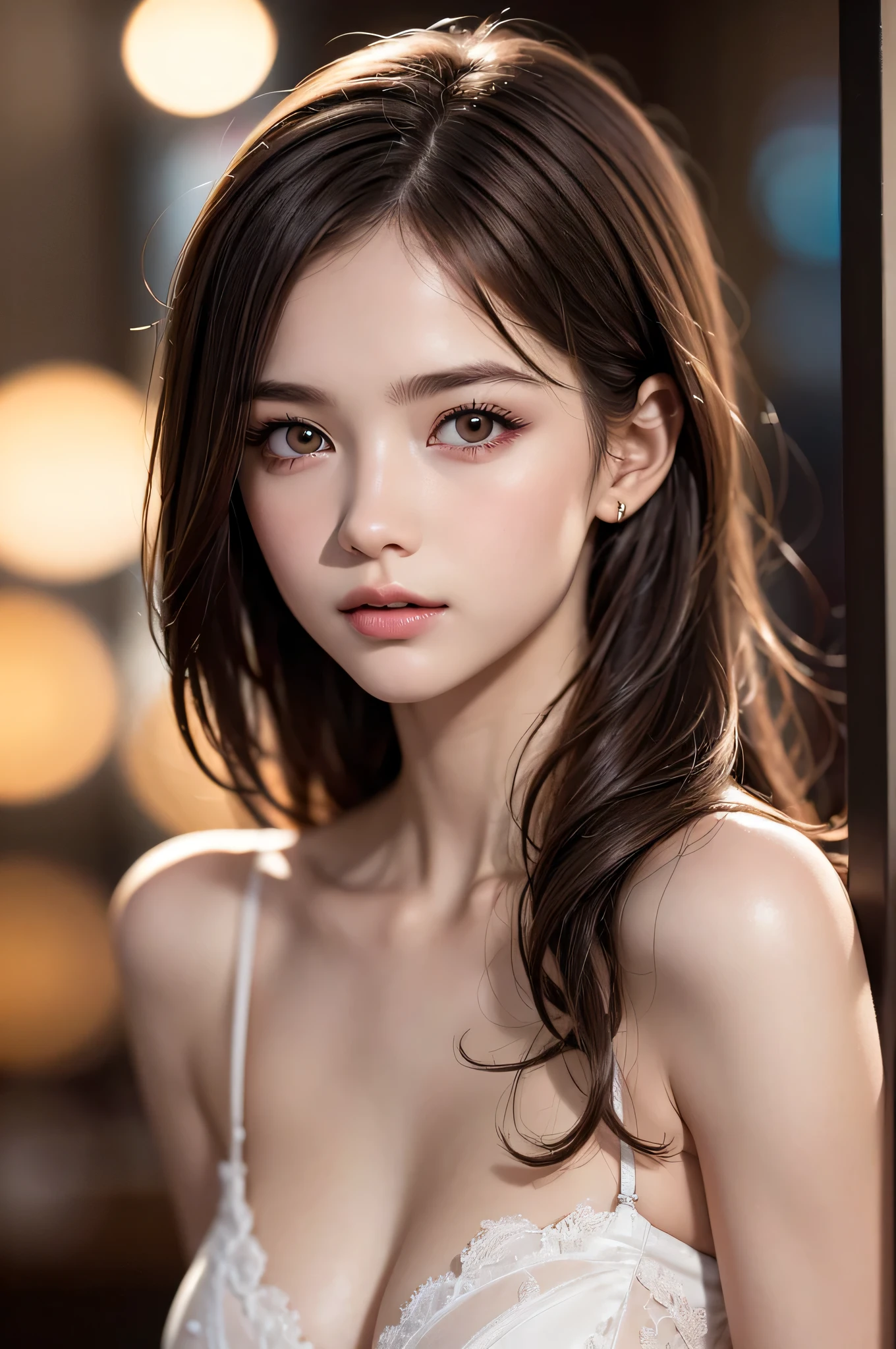 (best quality), (ultra-detailed), (llustration), (detailed light), (an extremely delicate and beautiful), 1young girl, brown hair, brown eyes, model, bare shoulders, best quality, extremely detailed CG unified 8k wallpaper, High-definition raw color photos, professional photograpy, (((Bokeh))), depth of fields, twilight, sunset,