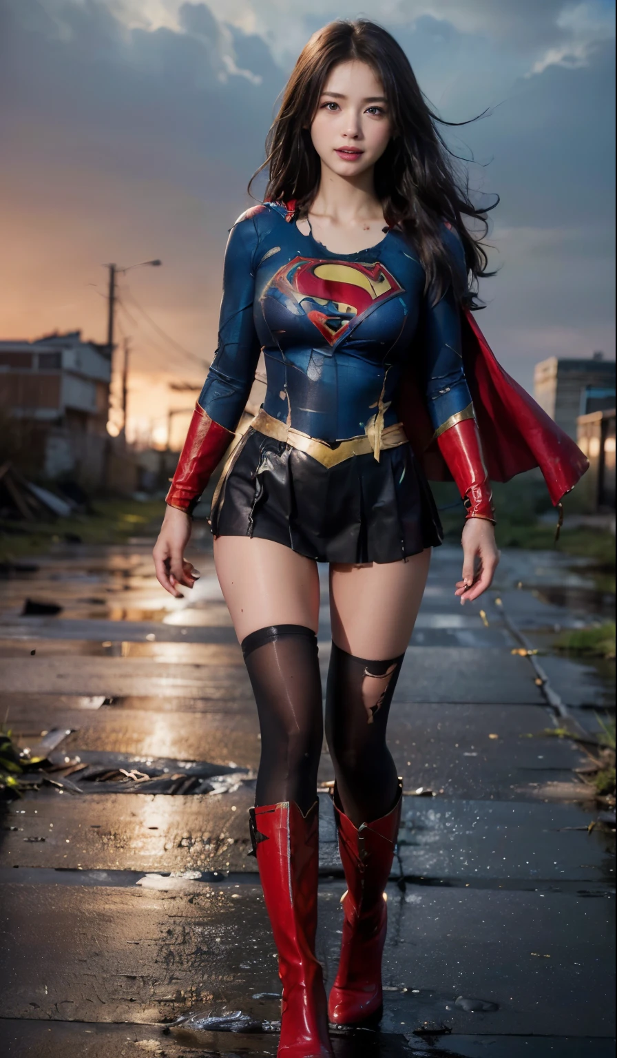 no background、(((Wear black tights on your beautiful legs.torn、Tattered、being destroyed)))、(((stretch your legs、tall、Legally express the beauty of your smile)))、((((Get the most out of your original images)))、(((supergirl costume、torn、Tattered、being destroyed)))、(((beautiful hair)))、(((I'm in pain)))、(((Legs must be worn with black tights)))、(((must wear red boots、being destroyed)))、((Highest image quality、8K))、((highest quality、8K、masterpiece:1.3))、(((keep background )))、clear focus:1.2、beautiful woman with perfect figure:1.4、Full of scars、bloody、full of blood、slender abs:1.2、wet body:1.5、Highly detailed face and skin texture、8K
